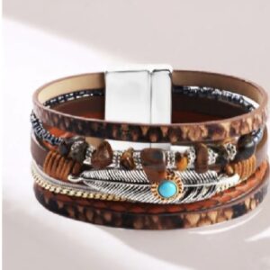 Vintage Big Leather bracelet Feather - Coffeee Colour