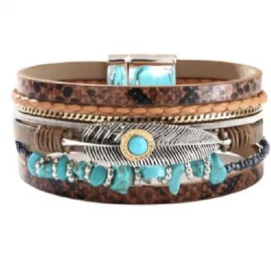 Vintage Big Leather bracelet Feather - Turquoise