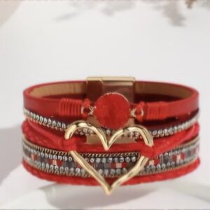 Vintage Big Love Leather Bracelet - Bright Red